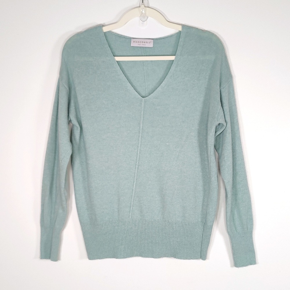 Bianco & Blu Italy Cashmere Silk Wool V-Neck Sweater Aqua Blue Medium